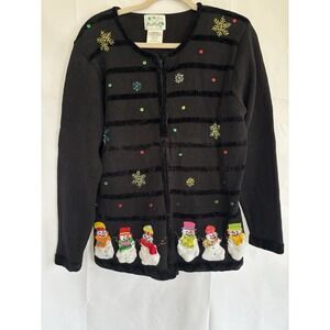 Vintage The Quacker Factory Women Medium Full Zip Snowmen Ugly Christmas Sweater